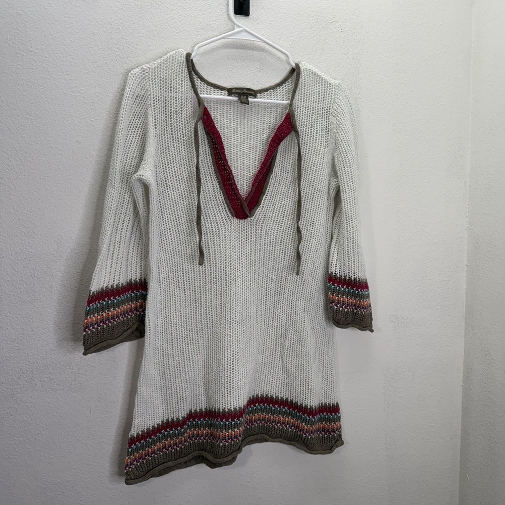 Tommy Bahama Sweater Tunic Sz M Cream Linen Boho Open Knit Beachy Cover Up